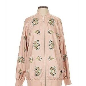 Tibi Embroidered Beaded Bomber Jacket in Pink Size Small